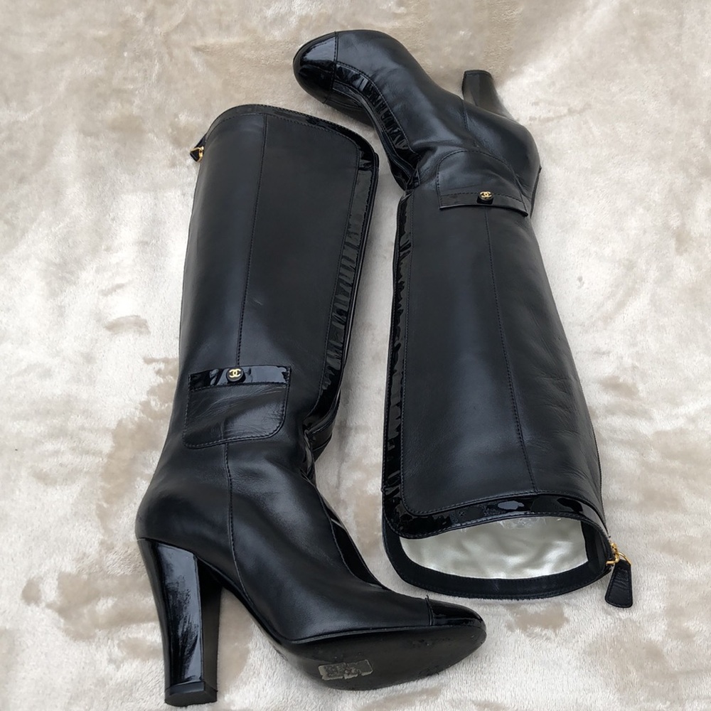 CHANEL Black Leather Tall Boots with Gold Accents